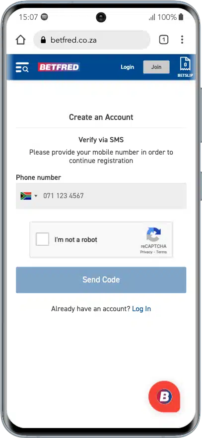 Betfred registration form with field to enter phone number