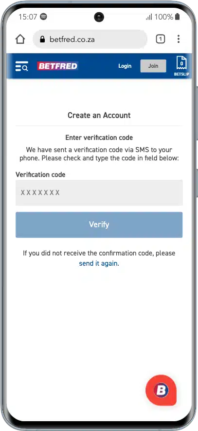 Betfred registration page with field to enter the verification code
