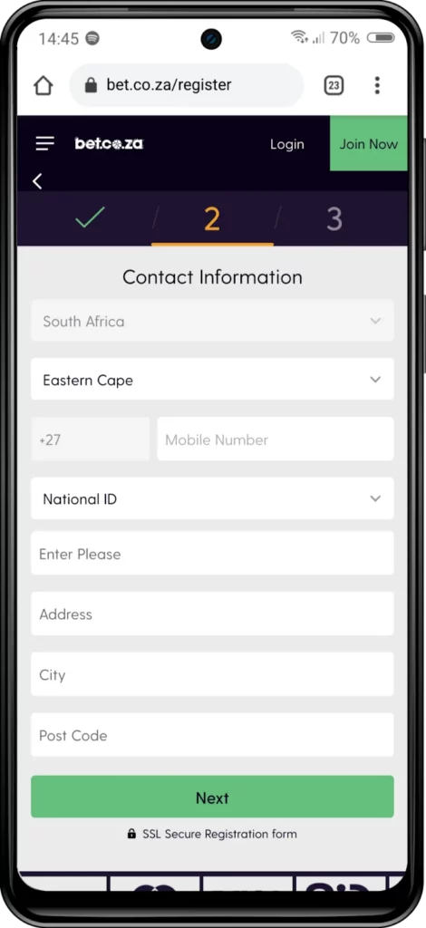 bet.co.za registration form step 3