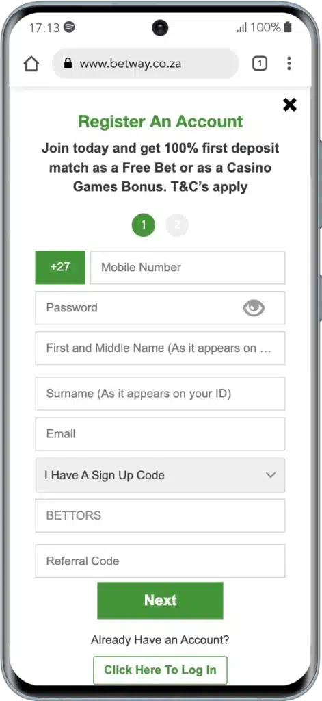 Betway sign up page with promo code