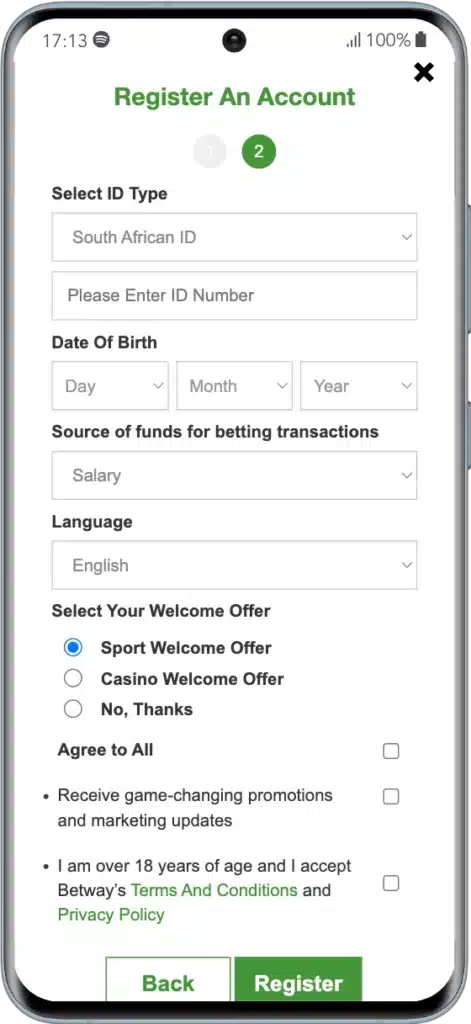 Betway registration sign up page 2