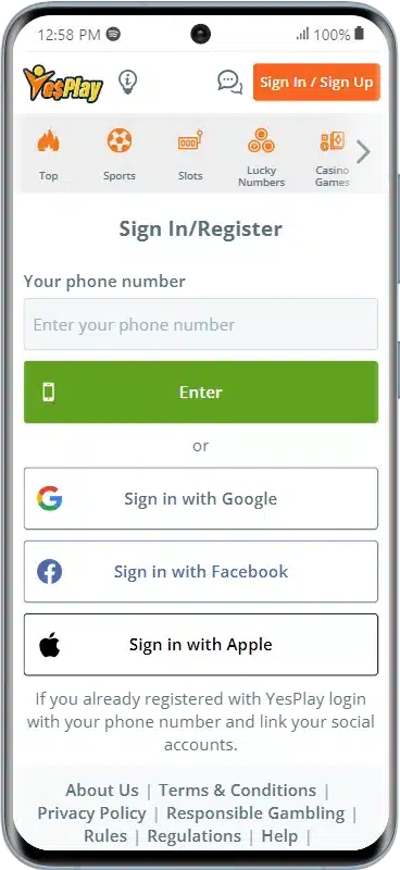 yesplay phone number registration form