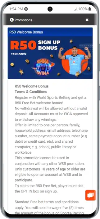 World Sports Betting R50 Bonus