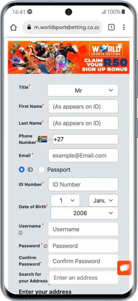 world sports betting registration form on mobile