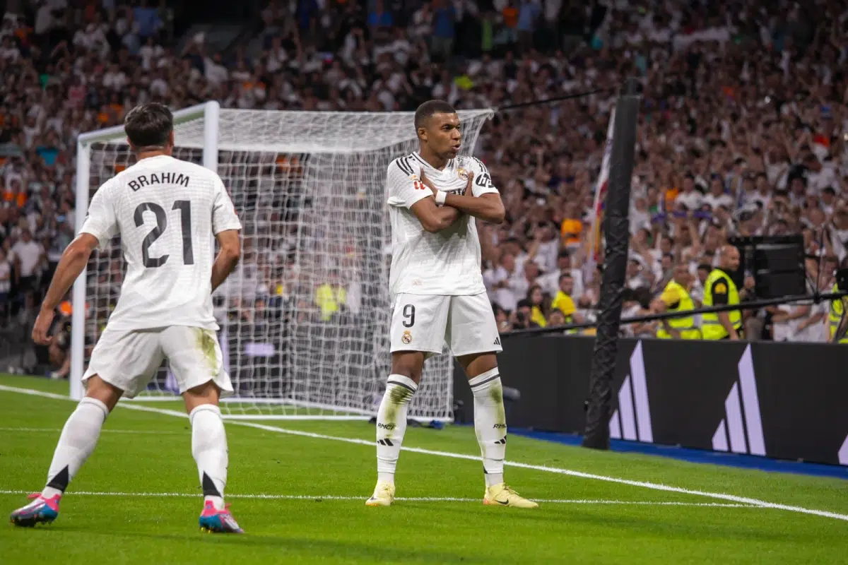 Kylian Mbappé celebrates one of his goals at the Santiago Bernabeu Stadium