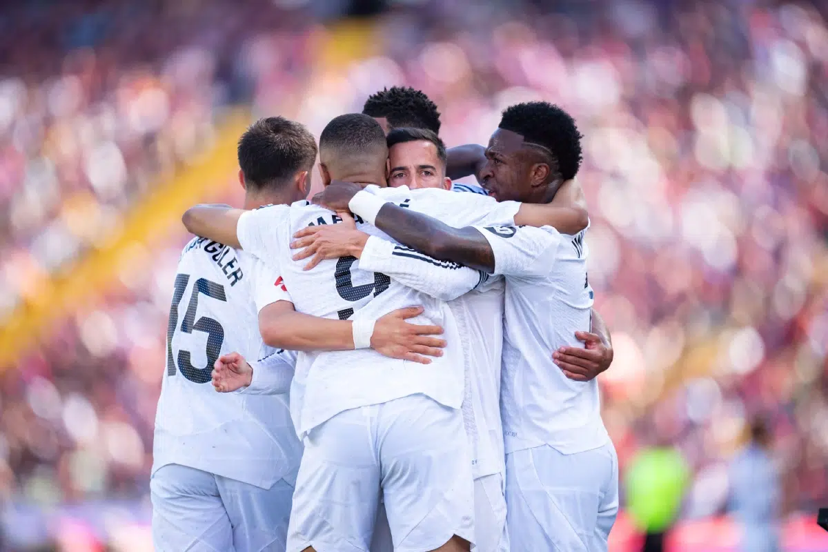 Players of Real Madrid celebrate a goal during the LaLiga football match between FC Barcelona and Real Madrid in Lluis Companys Olympic Sta