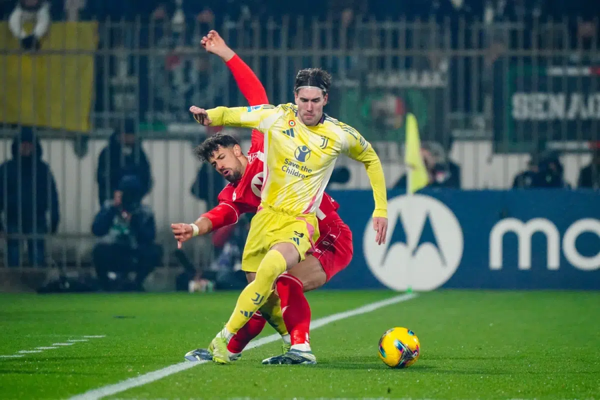 Dusan Vlahovic in action during the championship Serie A match between AC Monza and Juventus FC.