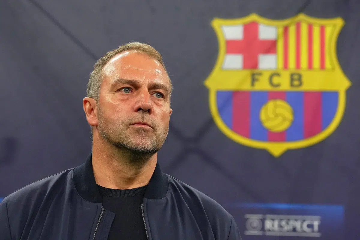 Barcelona’s head coach Hansi Flick during the UEFA Champions League soccer match between Inter and Barcelona at San Siro Stadium in Milan