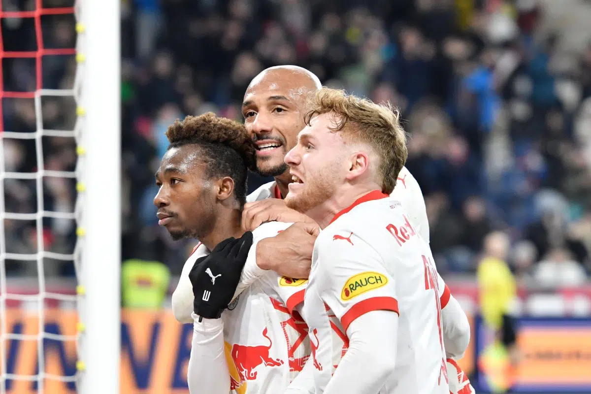 Players of FC Red Bull Salzburg celebrate a goal scored at the Admiral Bundesliga match, 2025