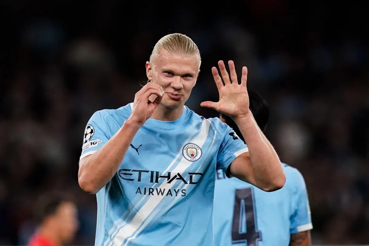 Erling Haaland of Manchester City celebrates his goal to make it 1-0 and his 50th CL goal, September 2025