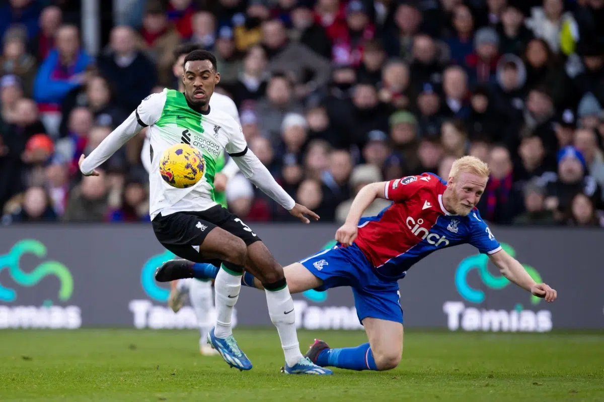 Ryan Gravenberch of Liverpool and Will Hughes of Crystal Palace battle for the ball during the Premier League match, 2023