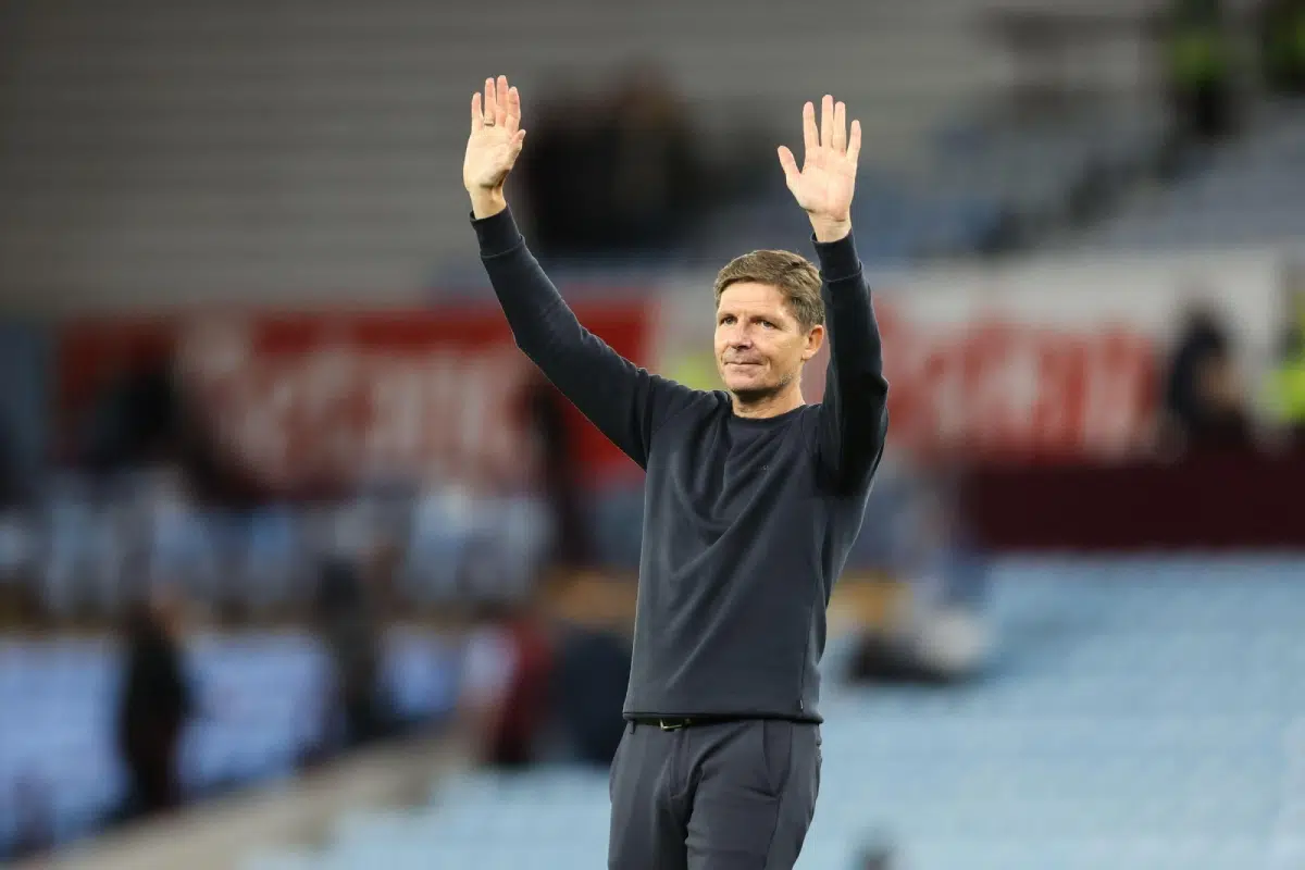 Oliver Glasner manager of Crystal Palace applauds the travelling fans after the Aston Villa vs Crystal Palace match, 2025