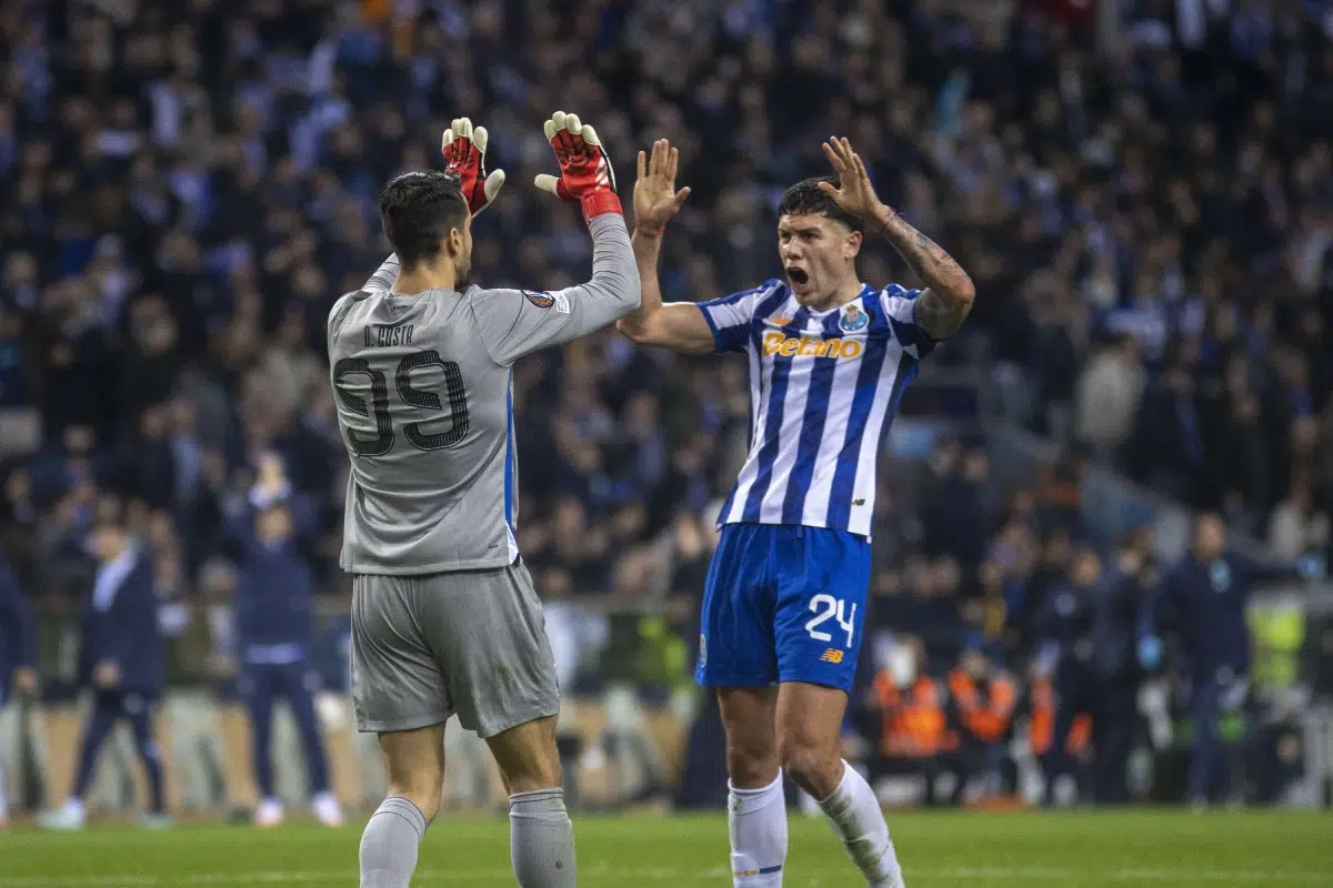 D.Costa and N. Perez celebrate after the UEFA Europa League 2024/2025 Knockout Play-off First Leg match, 2025