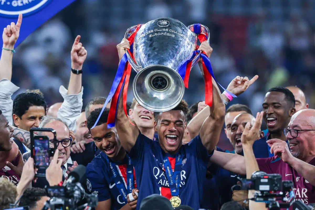Desire Doue of Paris Saint-Germain FC lifts the trophy and celebrate the victory of Champions League 2025 Final