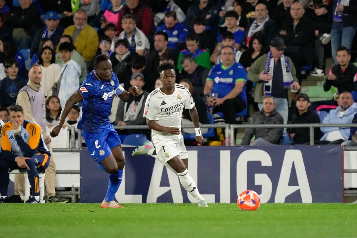 Vinicius Jr. in action vs Djene during LaLiga match between Getafe CF and Real Madrid, 2025