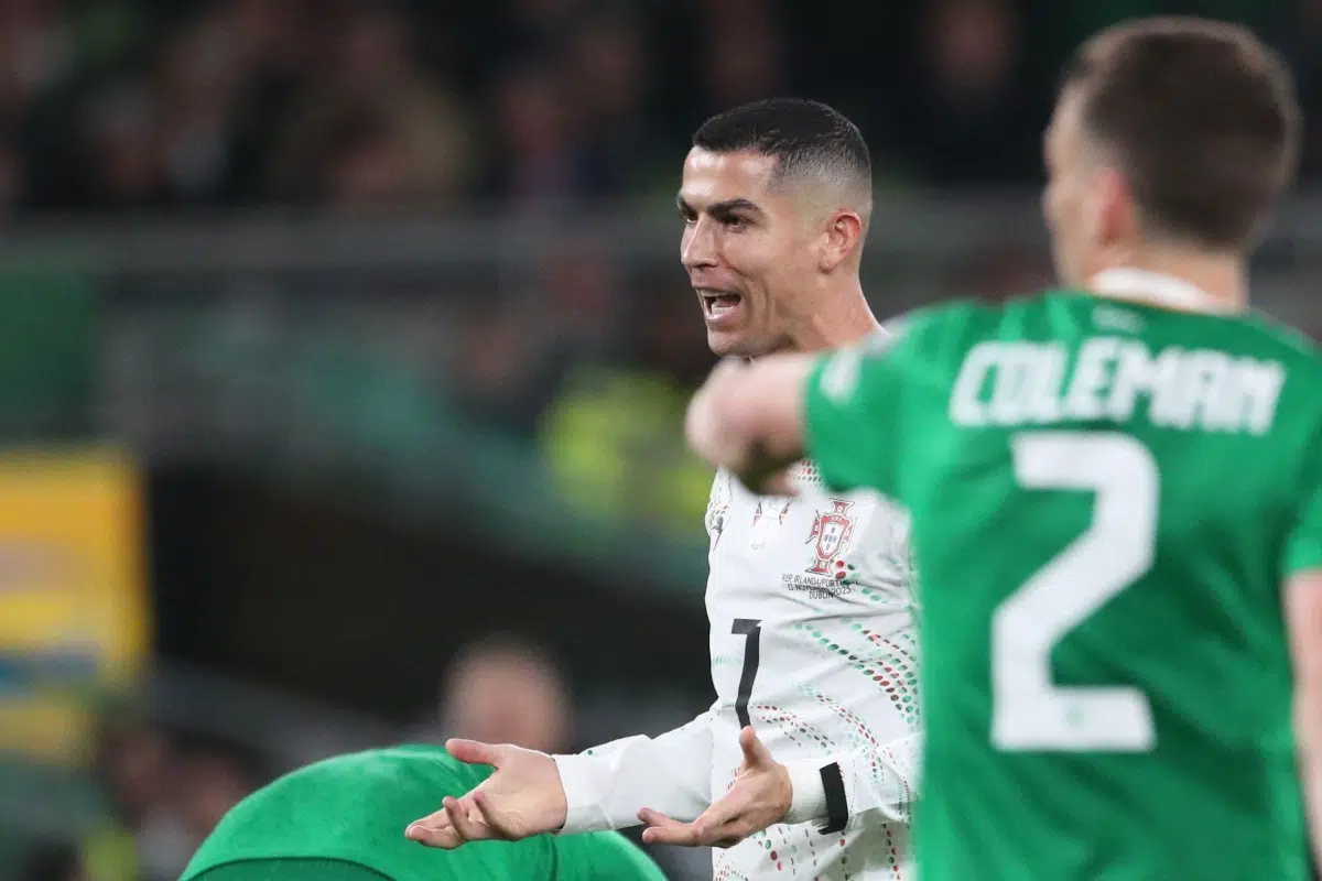Cristiano Ronaldo reacts during a World Cup 2026 group F qualifying soccer match between Ireland and Portugal in Dublin