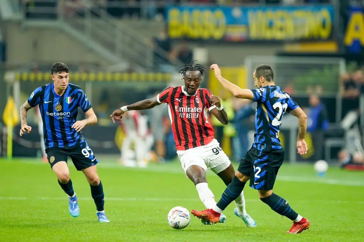 Tammy Abraham (90 Milan) against Alessandro Bastoni (95 Inter) and Henrikh Mkhitaryan (22 Inter), 2024