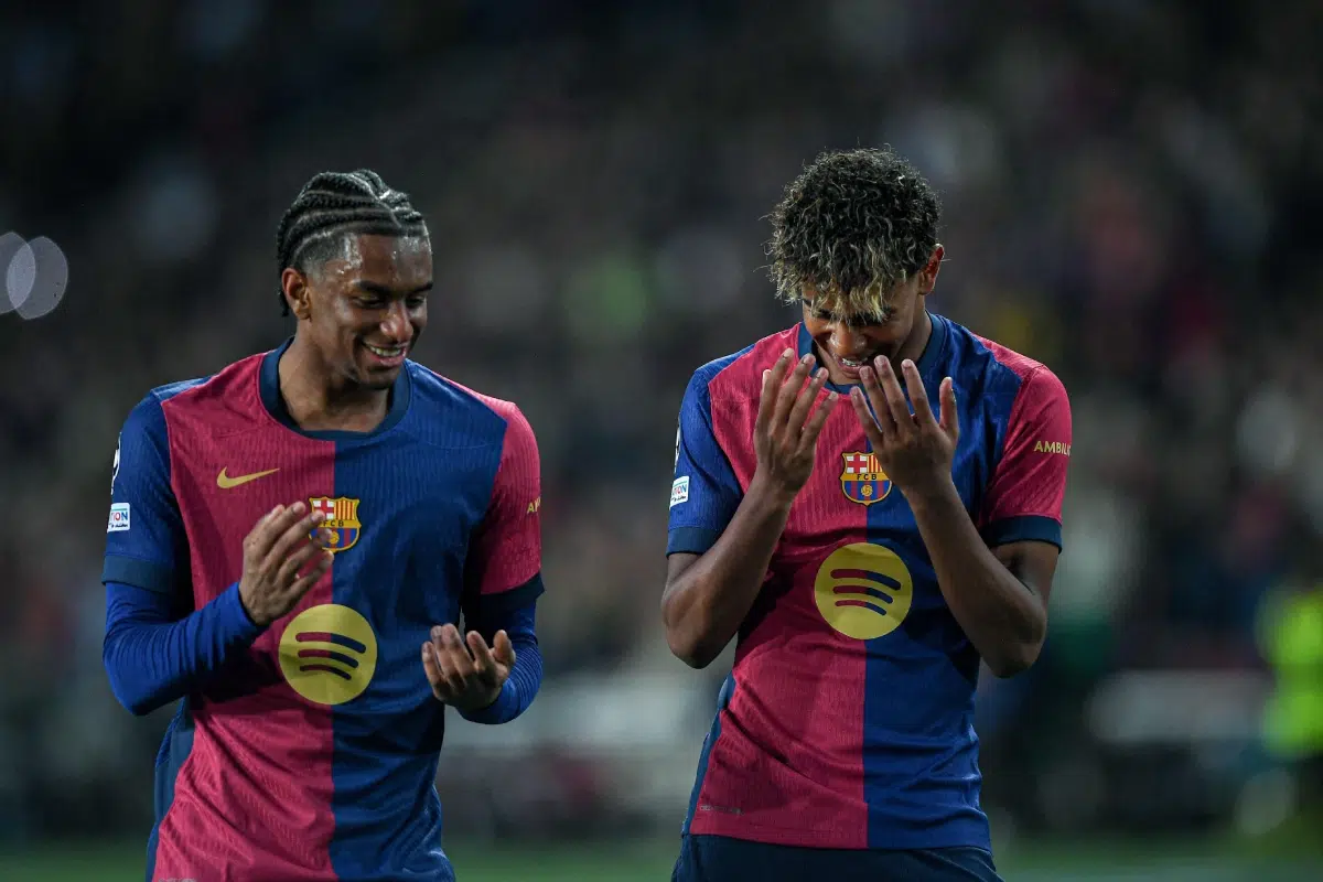 Lamine Yamal of FC Barcelona celebrates scoring his team's fourth goal dancing with Alejandro Balde, 2025