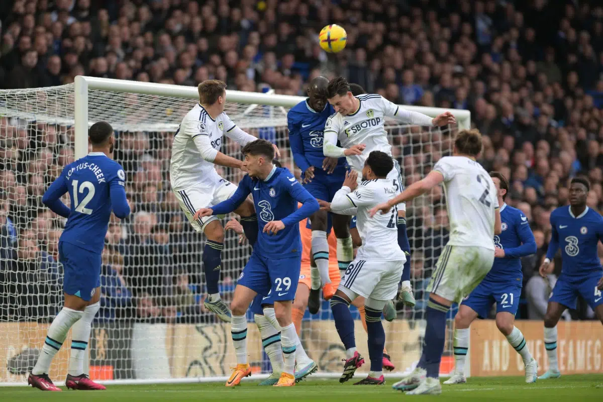 Chelsea defend a Leeds Utd corner during the Chelsea vs Leeds United Premier League match, 2023