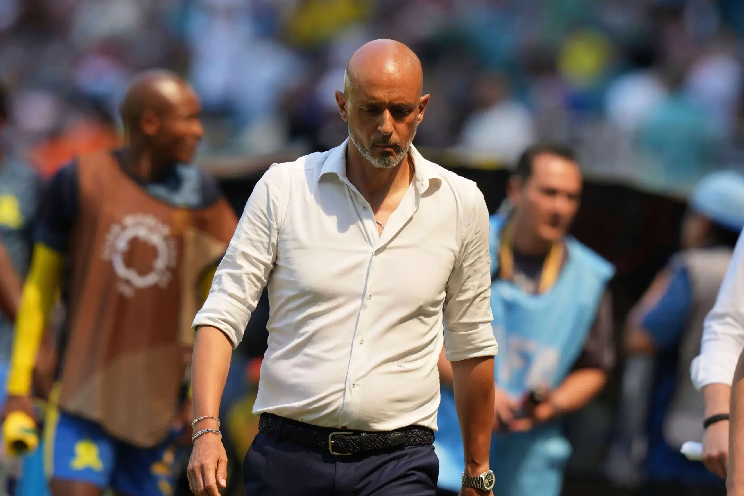 Mamelodi Sundowns manager Miguel Cardoso leaves the pitch at half-time during the Club World Cup Group F soccer match between Mamelodi Sundowns and Fluminense in Miami Gardens, Fla., Wednesday, June 25, 2025.