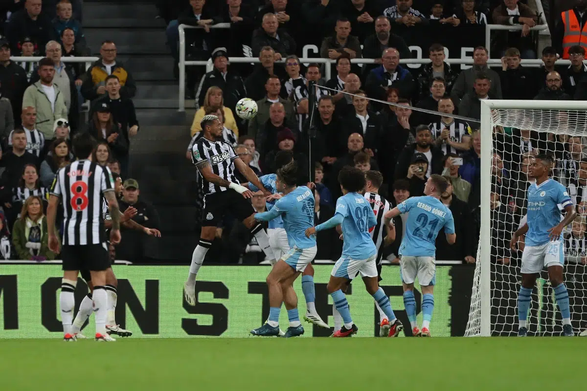 Newcastle United's Joelinton heads at goal during the Carabao Cup Third Round match between Newcastle United and Manchester City at St. James's Park