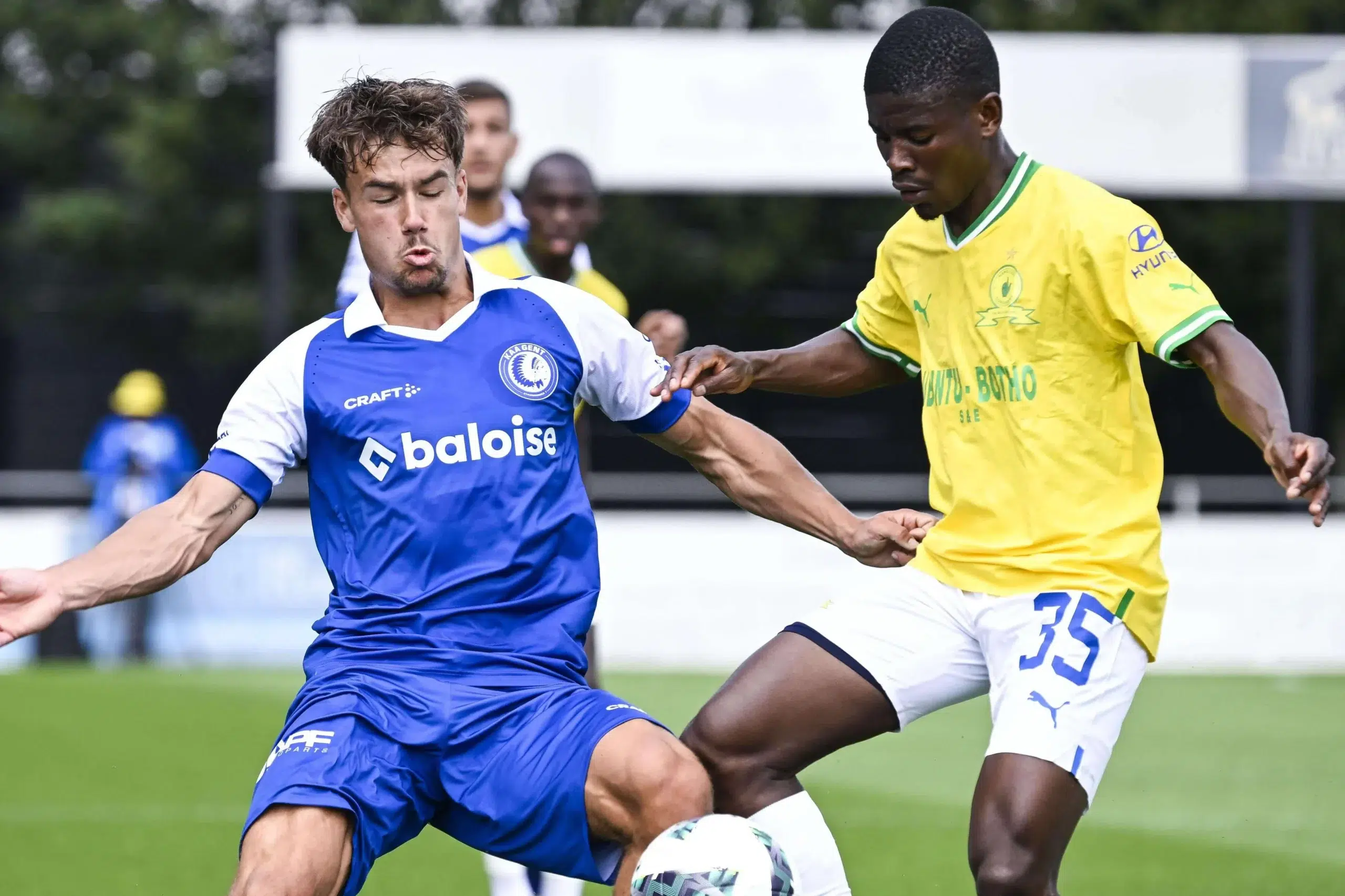 Gent's Yari Stevens and Sundowns' Neo Maema pictured in action during a friendly soccer match between KAA Gent and the South-African team Mamelodi Sundowns