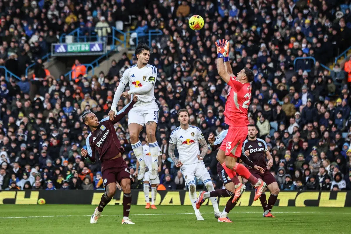 Emiliano Martínez of Aston Villa collects the ball during the Leeds United vs Aston Villa match, 2025