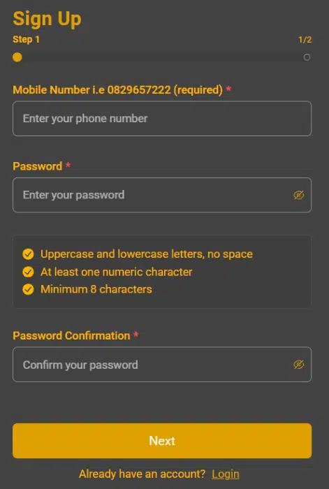 Goldrush sign-up form Goldrush sign-up form with phone verification and personal details fields