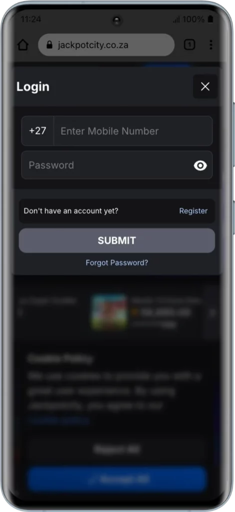Jackpot City mobile login interface on a smartphone