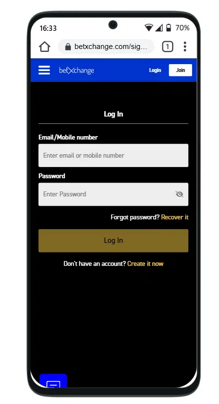 BetXchange login mobile