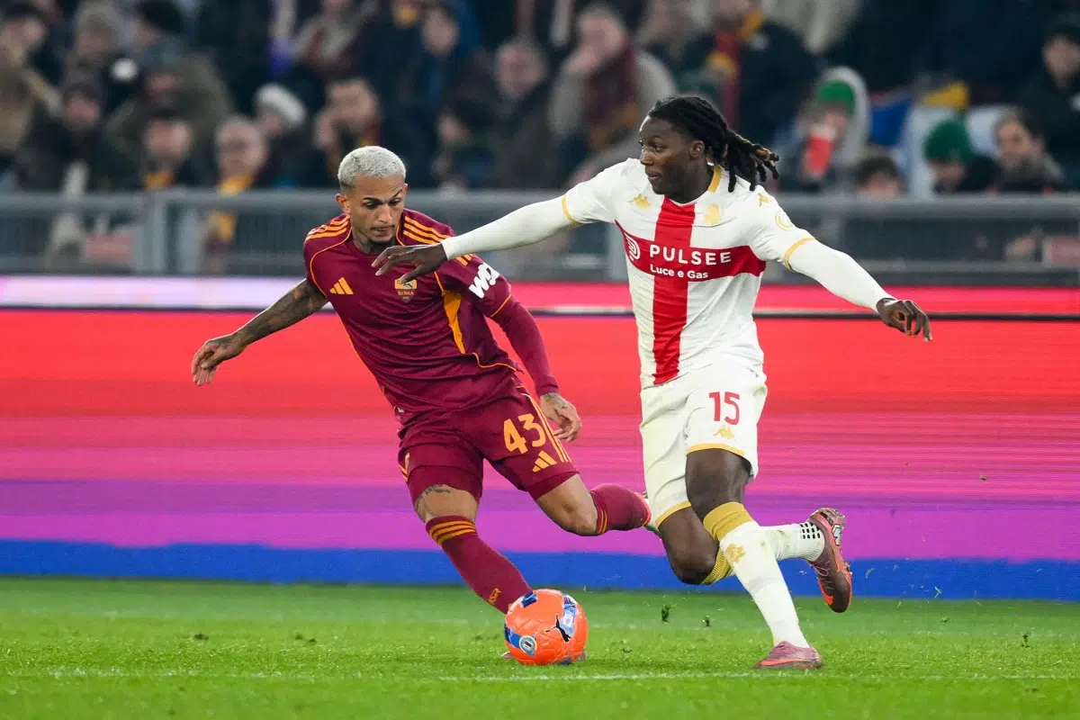 29th Dec, 2025. Brooke Norton-Cuffy of Genoa C.F.C. under pressure from Wesley of AS Roma during the match of 17th day of the Serie A Championship between A.S.Roma and Genoa CFC