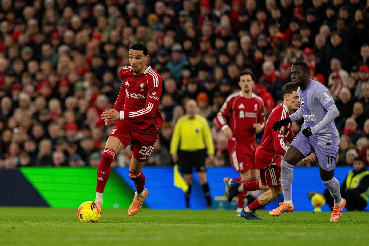 Curtis Jones of Liverpool is seen in action during the match between Liverpool and Brighton, 2025