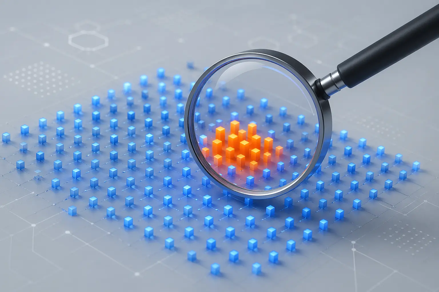 A 3D digital illustration of a magnifying glass highlighting an orange cluster of data points on a blue grid, representing anomaly detection.