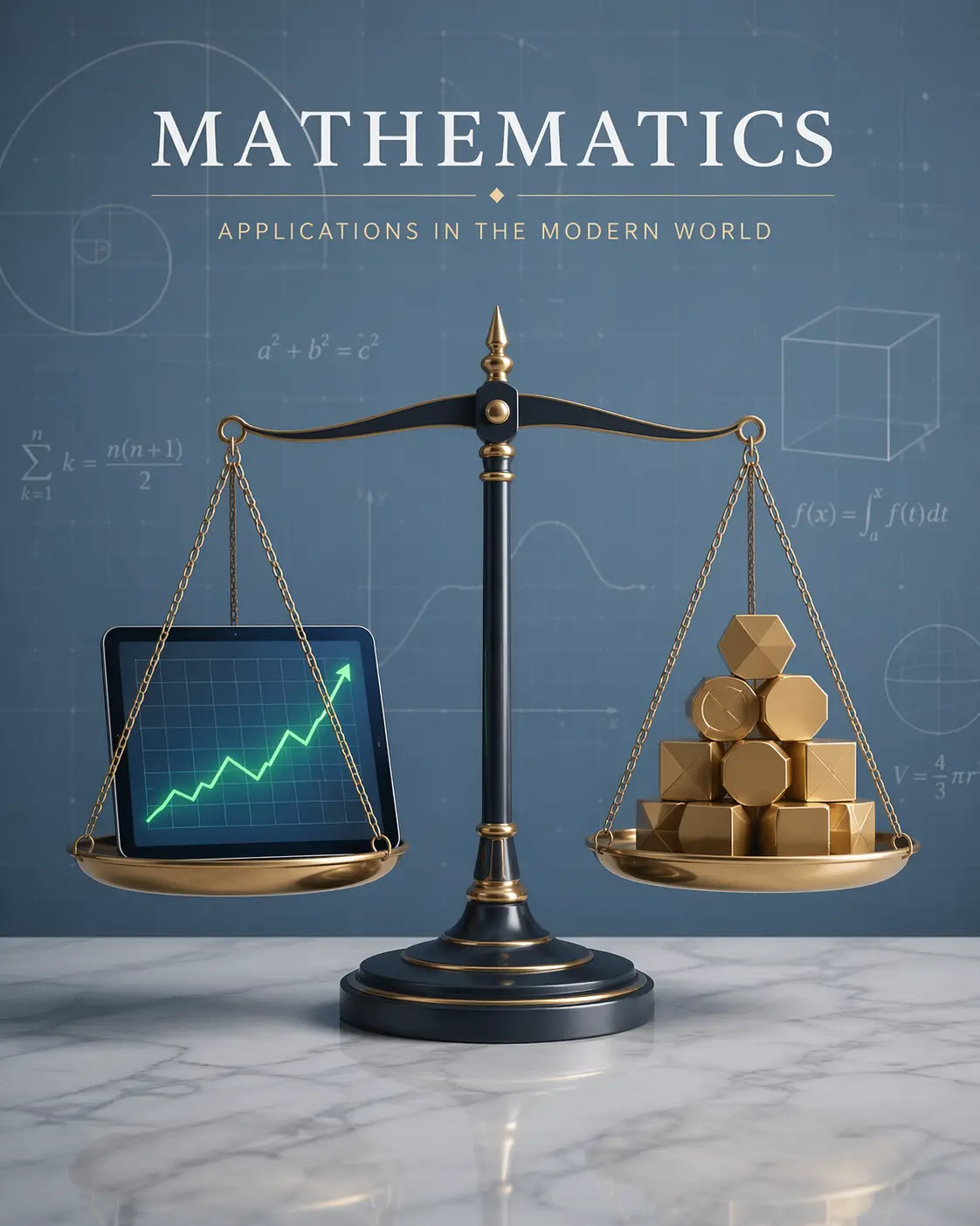 A modern 3D illustration of a balanced scale on a marble surface, with a glowing tablet showing an upward-trending graph on one side and stacked geometric gold coins on the other, set against a soft blue-grey background with subtle mathematical patterns.