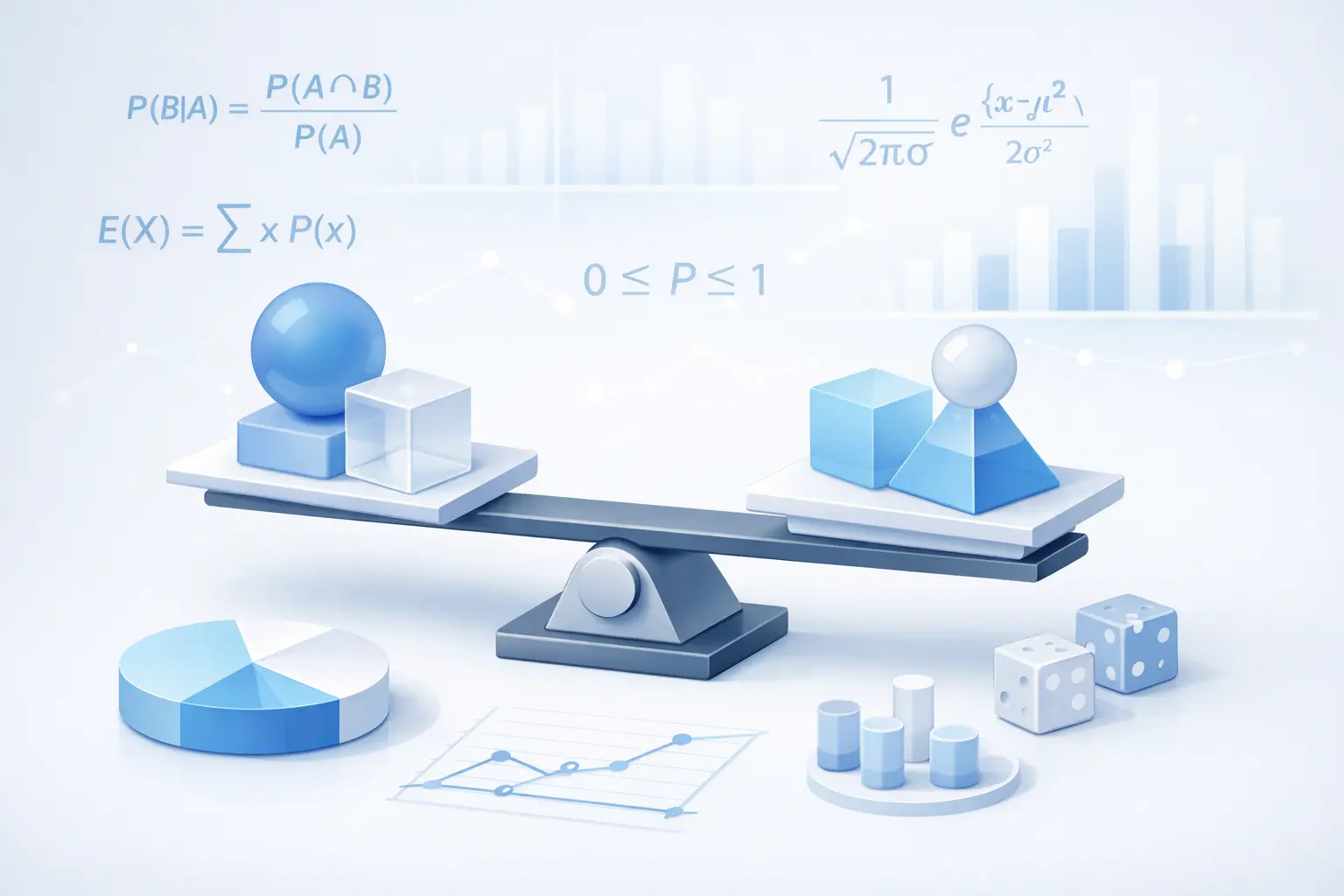 A 3D isometric illustration of a modern scale balancing translucent geometric shapes, with soft blue mathematical formulas and data charts in the background.