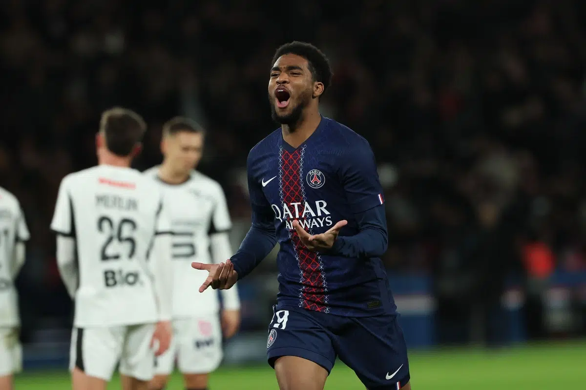 Ibrahim Mbaye of PSG celebrates after scoring the team's fourth goal during the French L1 football match between Paris Saint-Germain and Stade Rennes, 6th Dec, 2025