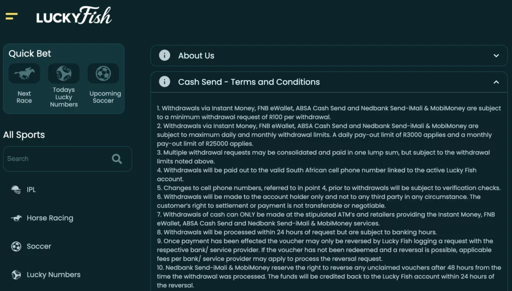 Lucky Fish Cash Send - Terms and Conditions