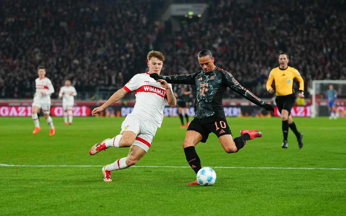Leroy Sane of Bayern Munich and Jeff Chabot of VfB Stuttgart battle for the ball during a 1. Bundesliga game, VfB Stuttgart vs Bayern Munich, 28th Feb, 2025