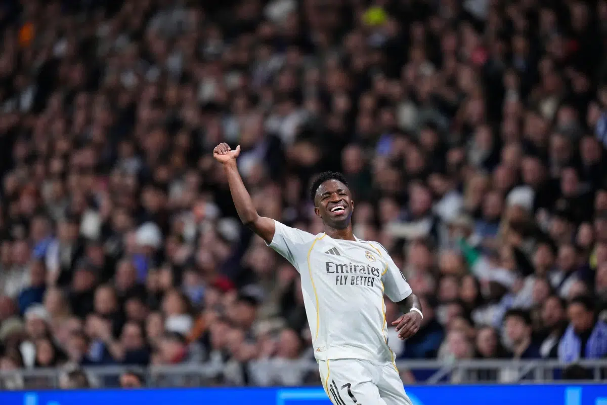 Real Madrid's Vinicius Junior reacts during the Spanish La Liga soccer match between Real Madrid and Real Sociedad, Feb. 14, 2026