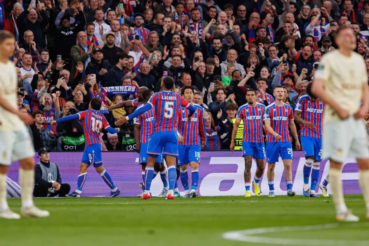 Players of Crystal Palace seen celebrating after goal during UEFA Conference League 25/26 Semi-Final 2nd leg match, 7 May 2026