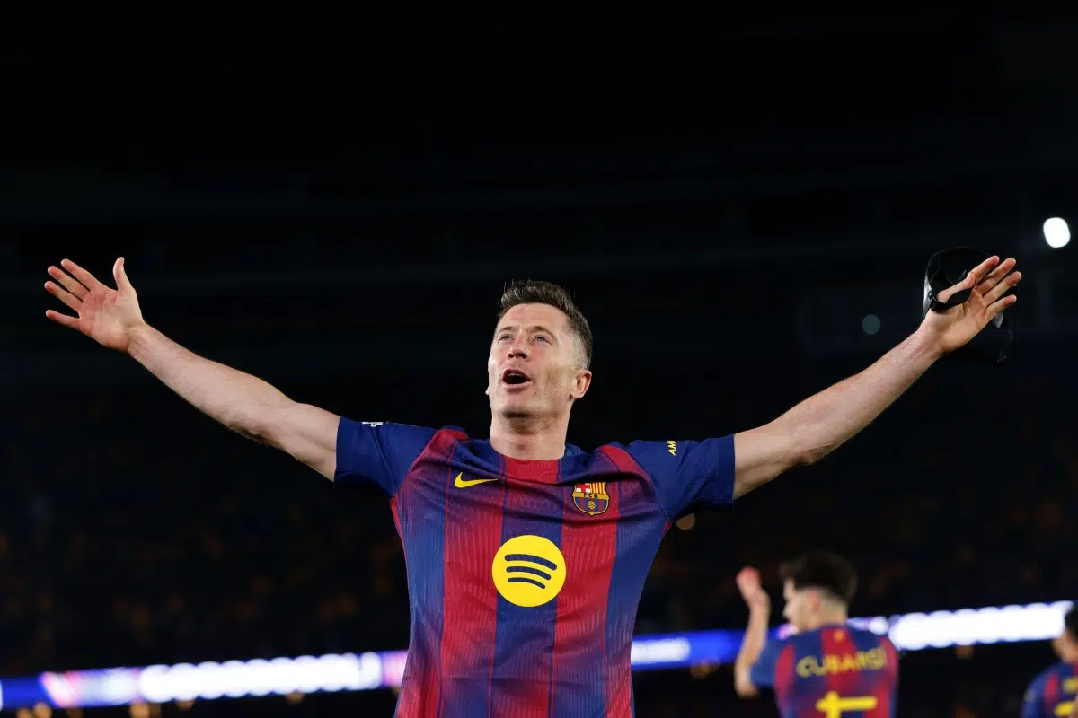 Barcelona's Robert Lewandowski celebrates a goal in 2026