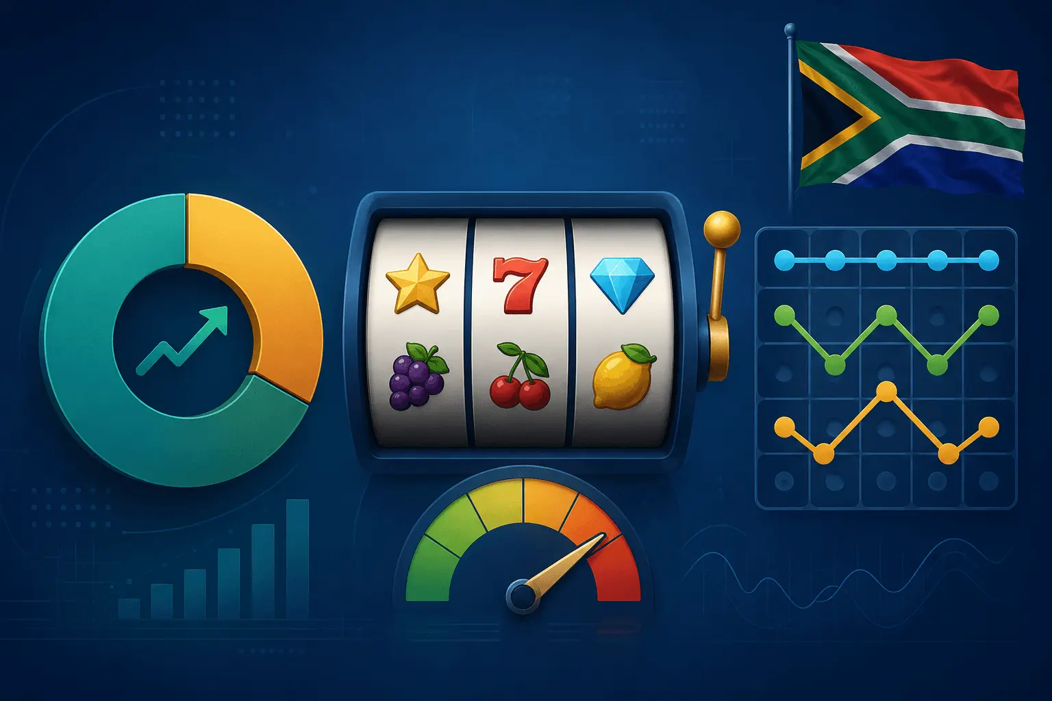 Educational illustration of slot machine analytics showing RTP charts, volatility gauge, paylines grid, and a small South African flag in a modern data-focused design.
