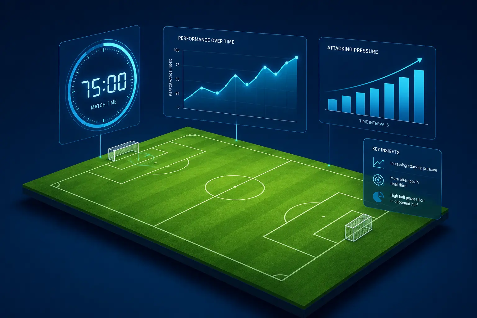 3D isometric illustration of a green soccer pitch with floating digital analytics including a stopwatch showing 75:00, a bar chart, and a line graph on a dark blue background.