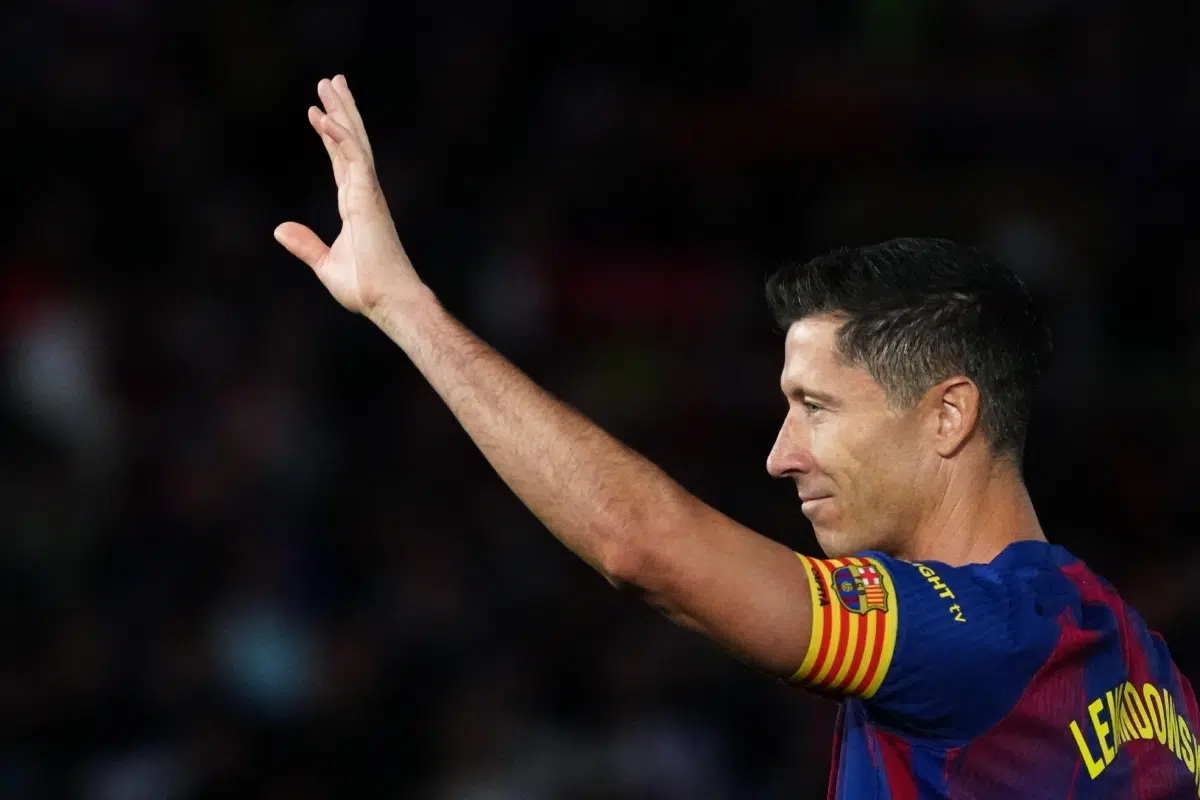Lewandowski reacts during the Spanish La Liga soccer match, 2026