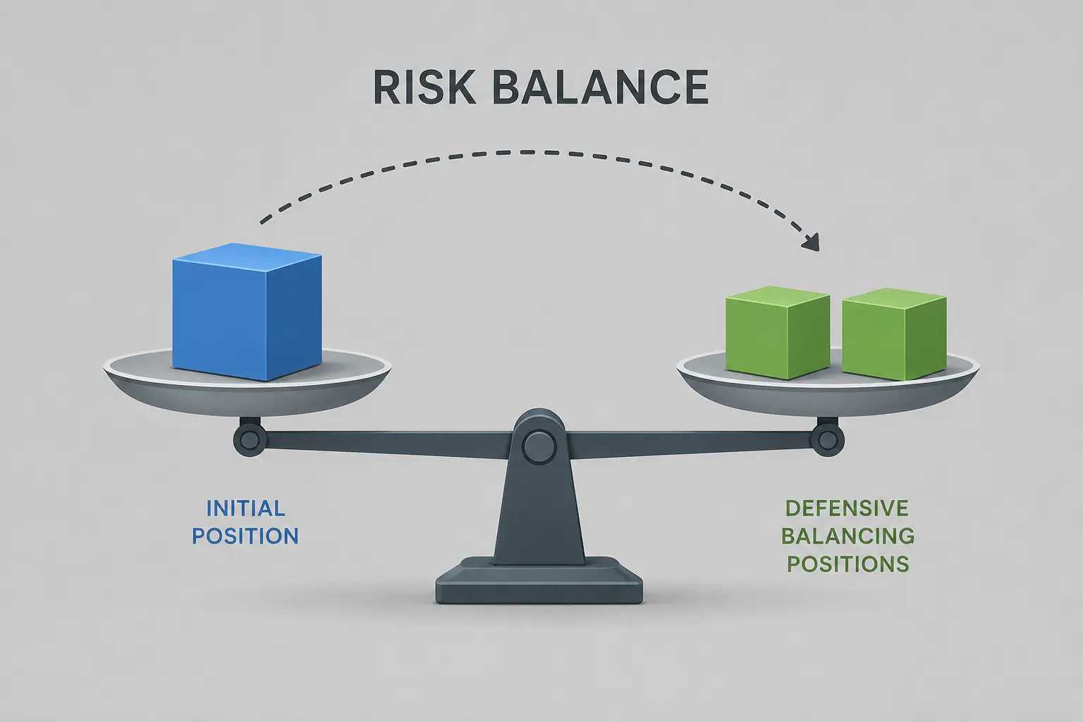 Balanced mechanical scale on a neutral gray background, with one blue 3D cube on one side and two green 3D cubes on the other, connected by a dashed curved arrow illustrating risk balancing and weight redistribution.