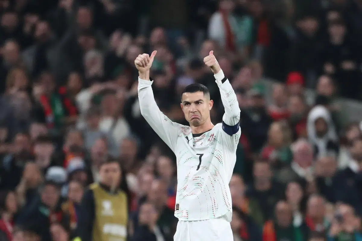 Portugal's Cristiano Ronaldo leaves the pitch after being shown a red card, 2025