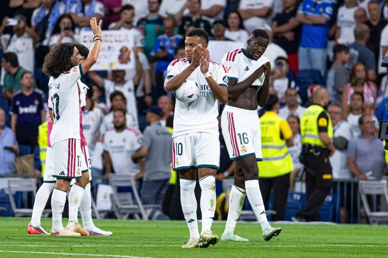 Kylian Mbappe of Real Madrid with the ball after score three goals during La Liga EA Sports match between Real Madrid and Real Sociedad at Estadio Santiago Bernabeu on August 26, 2026 in Madrid, Spain.